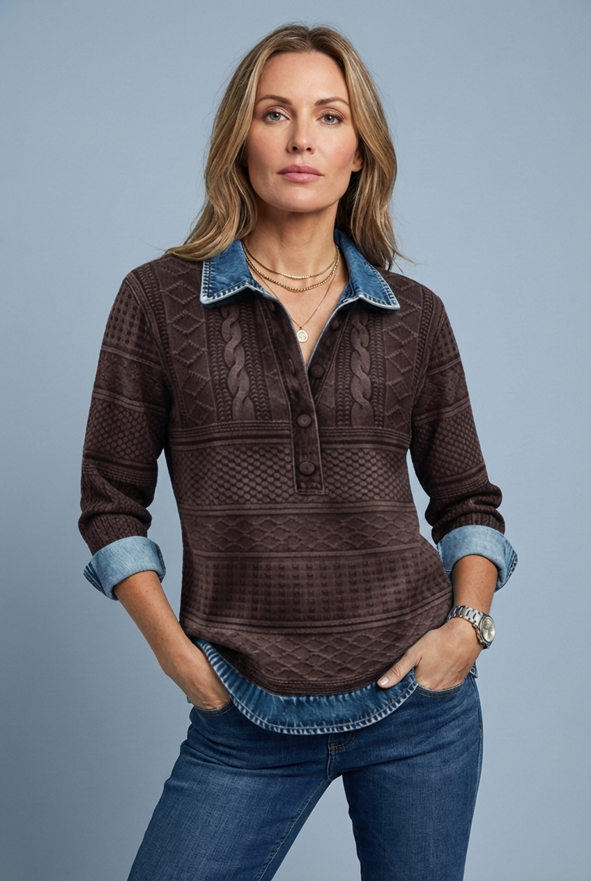 Collared Cable Denim Style Long Sleeve Sweatshirt Women