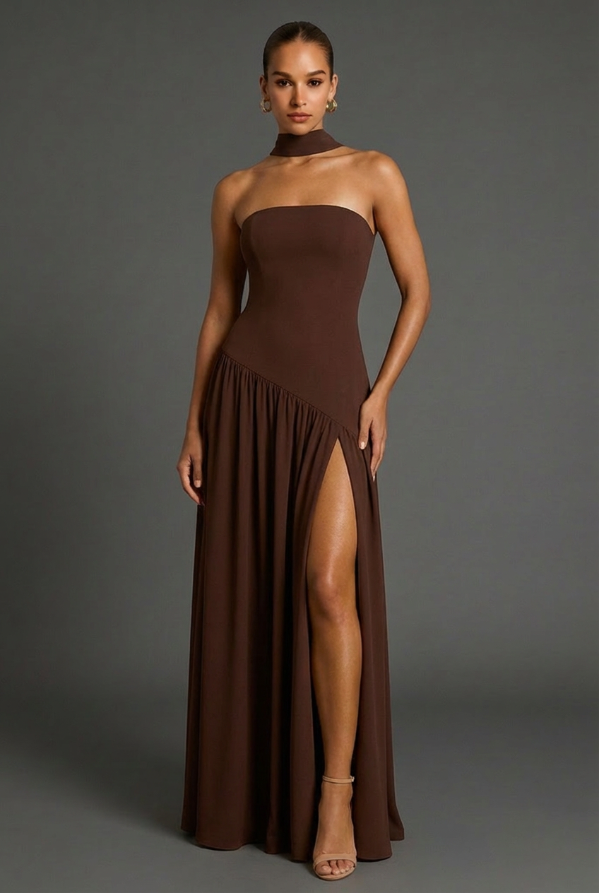 Women's Elegant Asymmetric Strapless Dress with High Slit for Women