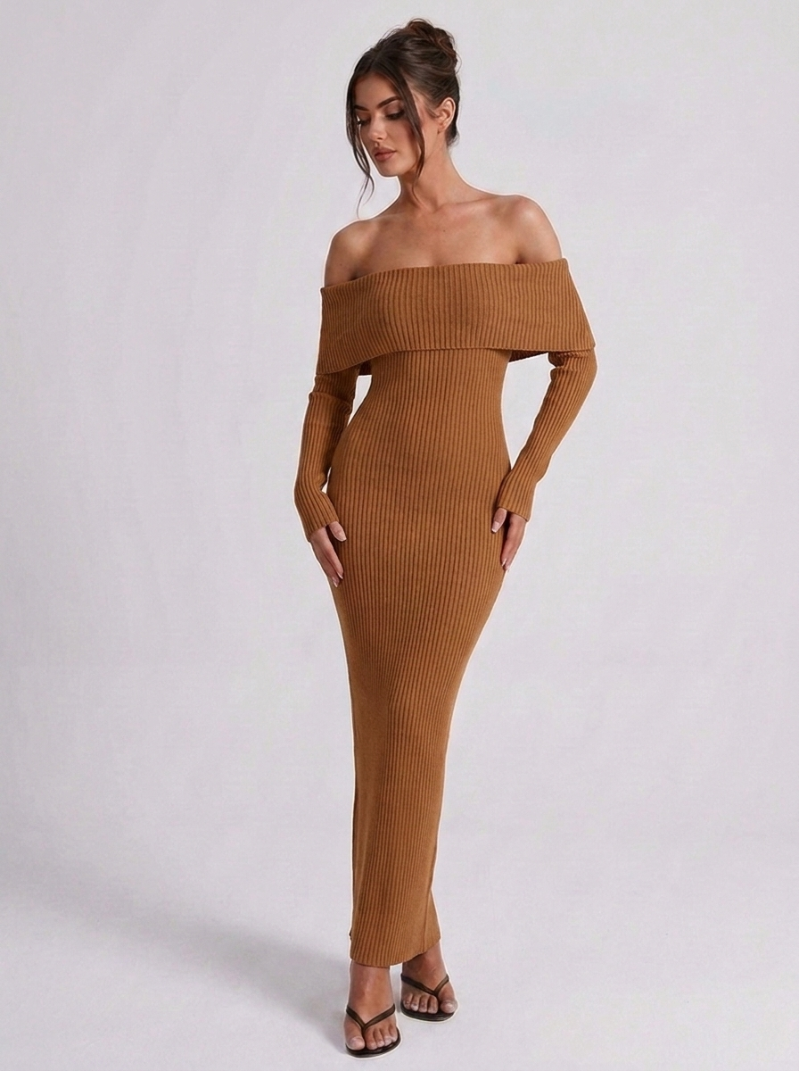 Off Shoulder Knitted Style Long Sleeve Maxi Dress