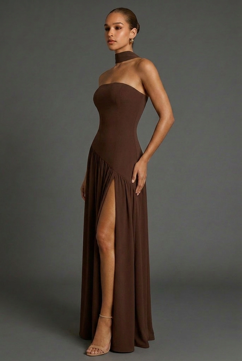 Women's Elegant Asymmetric Strapless Dress with High Slit for Women