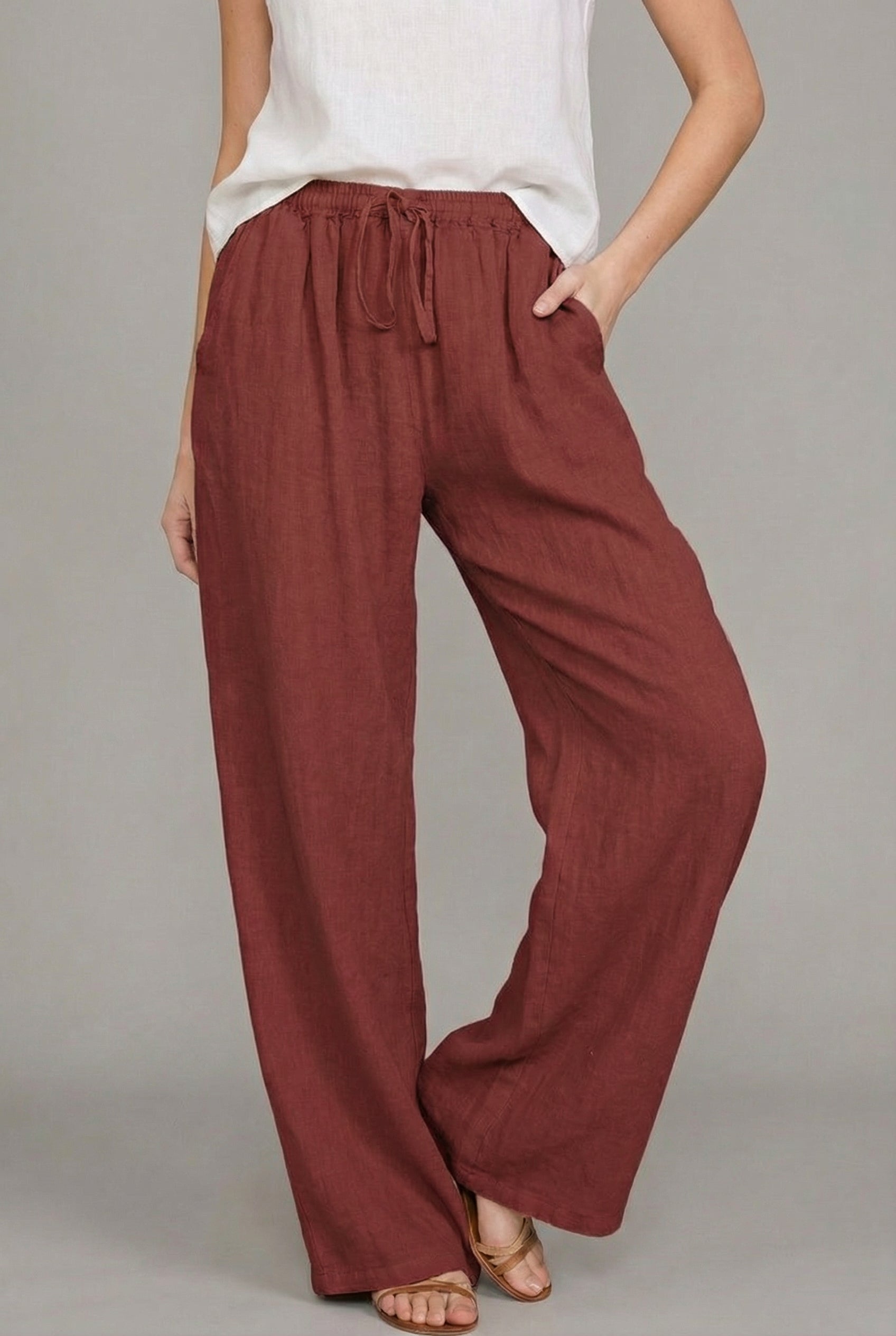 Women's Linen Style Wide Leg Drawstring Summer Trousers