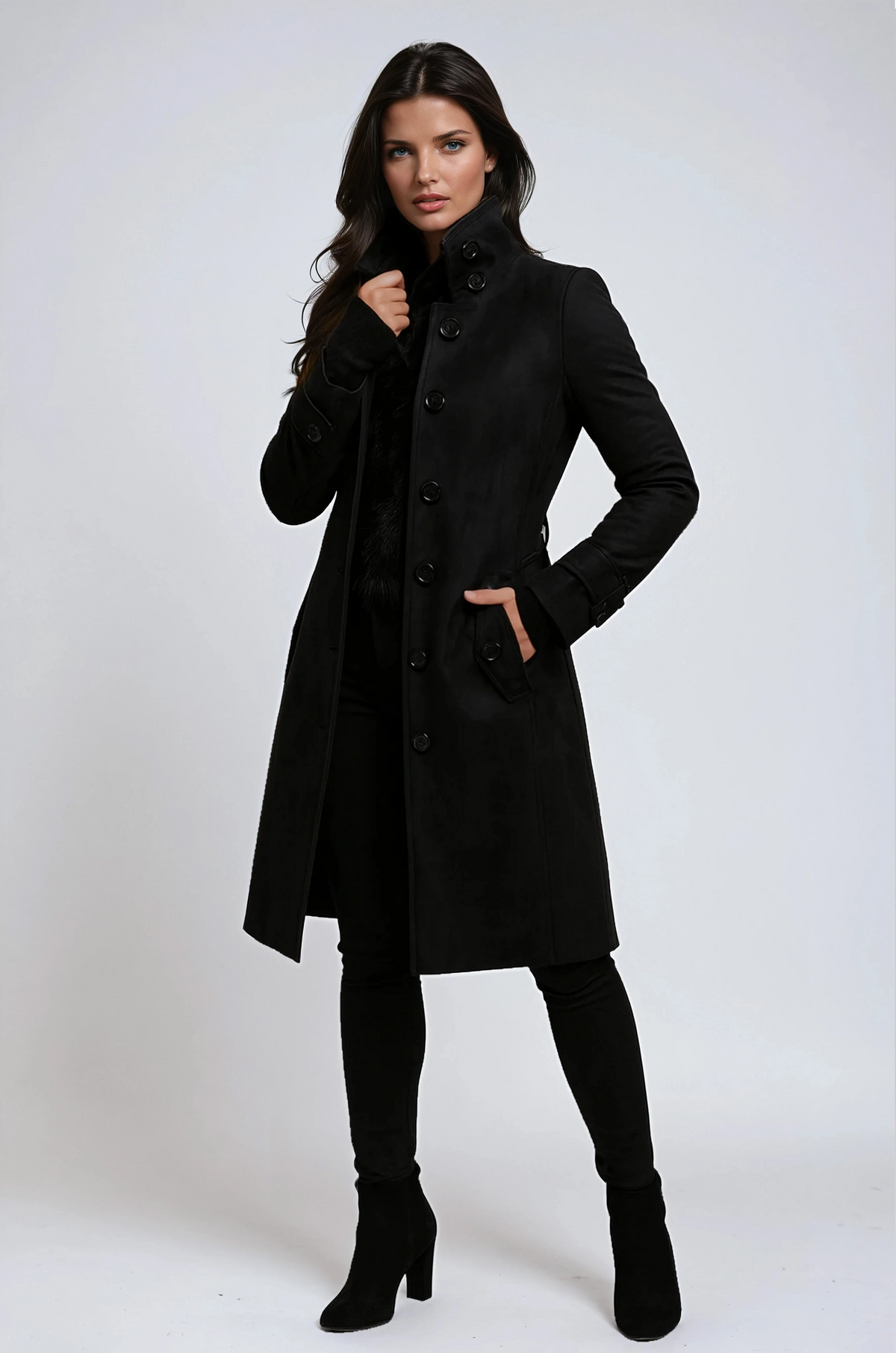 High Collar Long Line Trench Coat Women