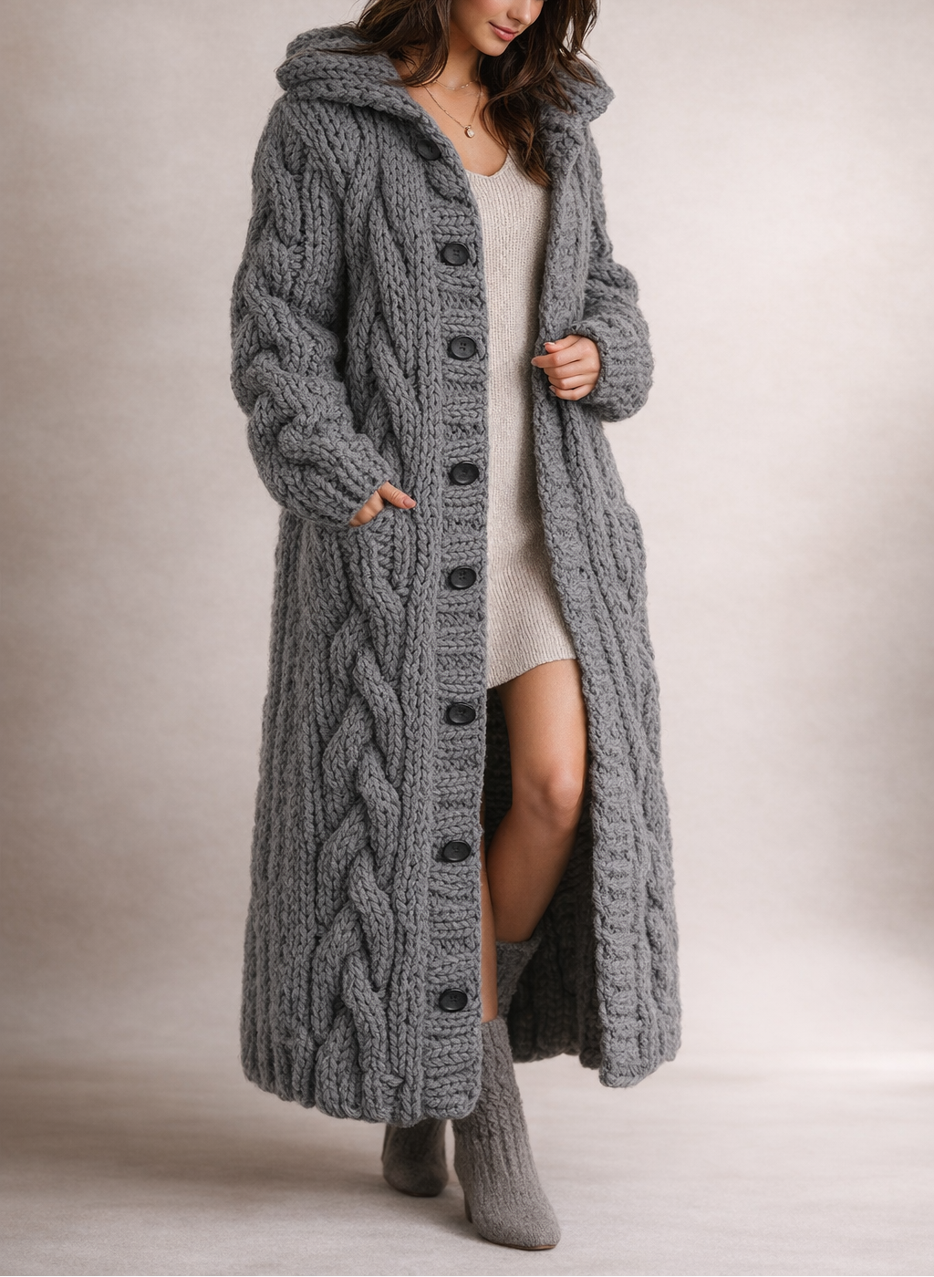 Oversized Cosy Cable Knit Longline Hooded Vest Women