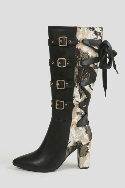 Chunky Heel Panelled Knee High Boots Women