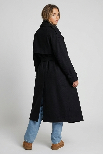 Black Classic Belted Longline Trench Coat Women