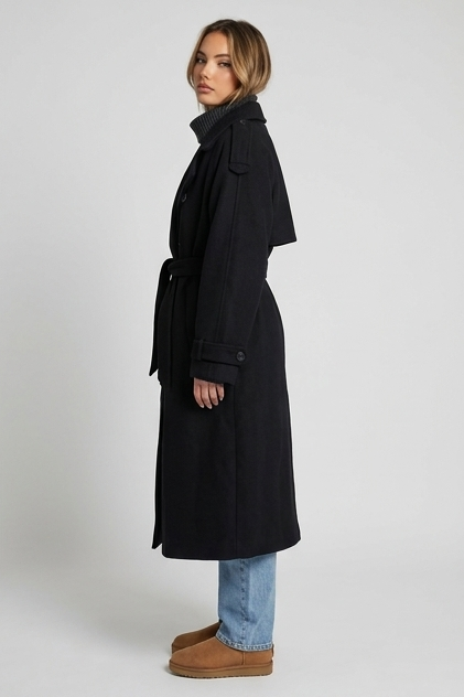 Black Classic Belted Longline Trench Coat Women