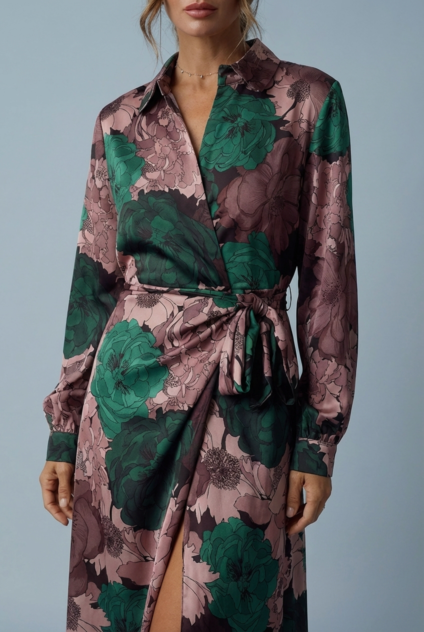 Floral Long Sleeve Tie Waist Shirt Maxi Dress
