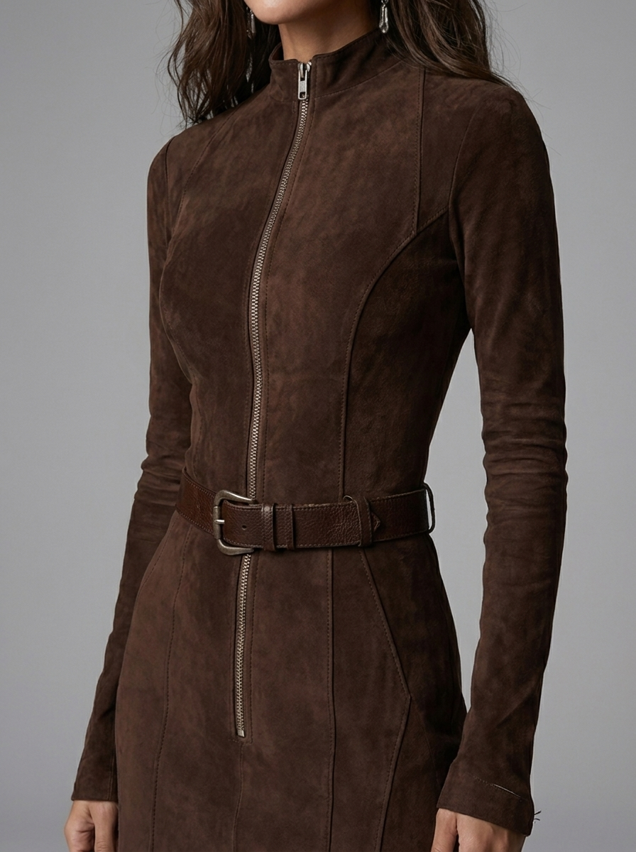 Brown Zip Front Long Sleeve Fitted Midi Dress