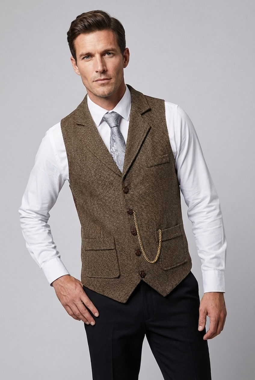 Herringbone Tweed Style Lapel Waistcoat Men