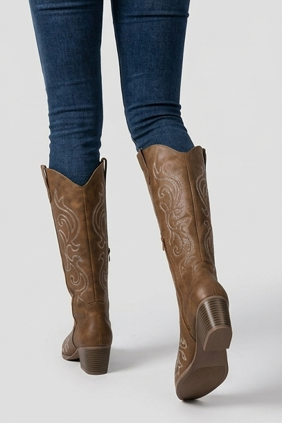 Embroidered Knee High Cowboy Boots Block Heel Women
