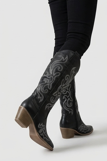 Embroidered Knee High Cowboy Boots Block Heel Women