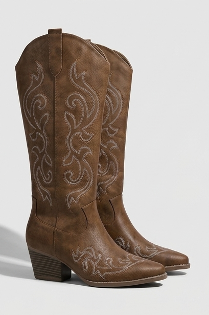 Embroidered Knee High Cowboy Boots Block Heel Women