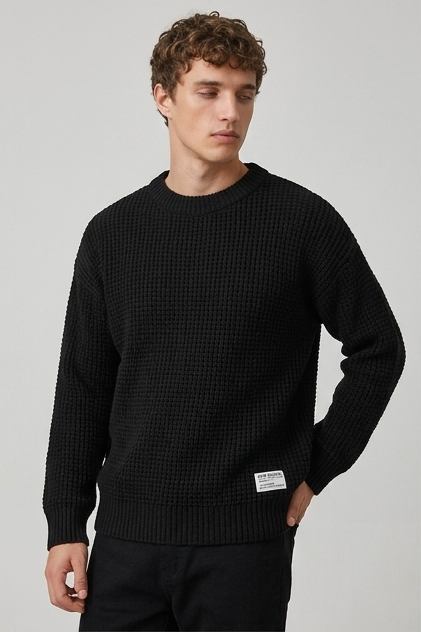 Crew Neck Waffle Knit Pullover Sweater Men