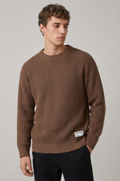 Crew Neck Waffle Knit Pullover Sweater Men