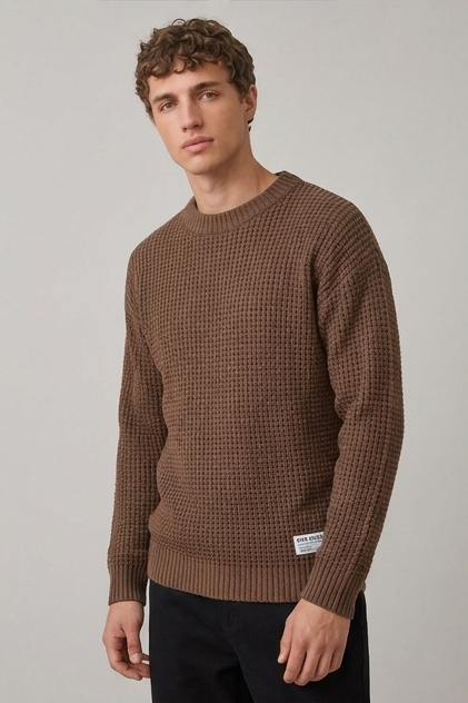 Crew Neck Waffle Knit Pullover Sweater Men