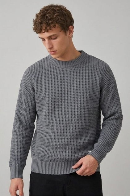Crew Neck Waffle Knit Pullover Sweater Men