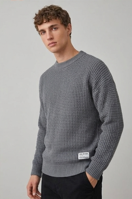 Crew Neck Waffle Knit Pullover Sweater Men