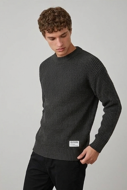 Crew Neck Waffle Knit Pullover Sweater Men