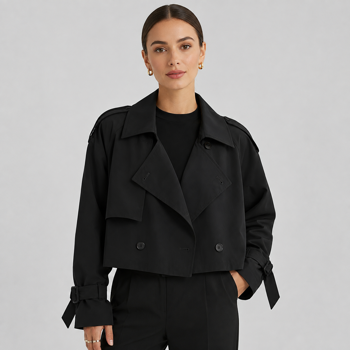 Cropped Oversized Notch Lapel Trench Coat Women