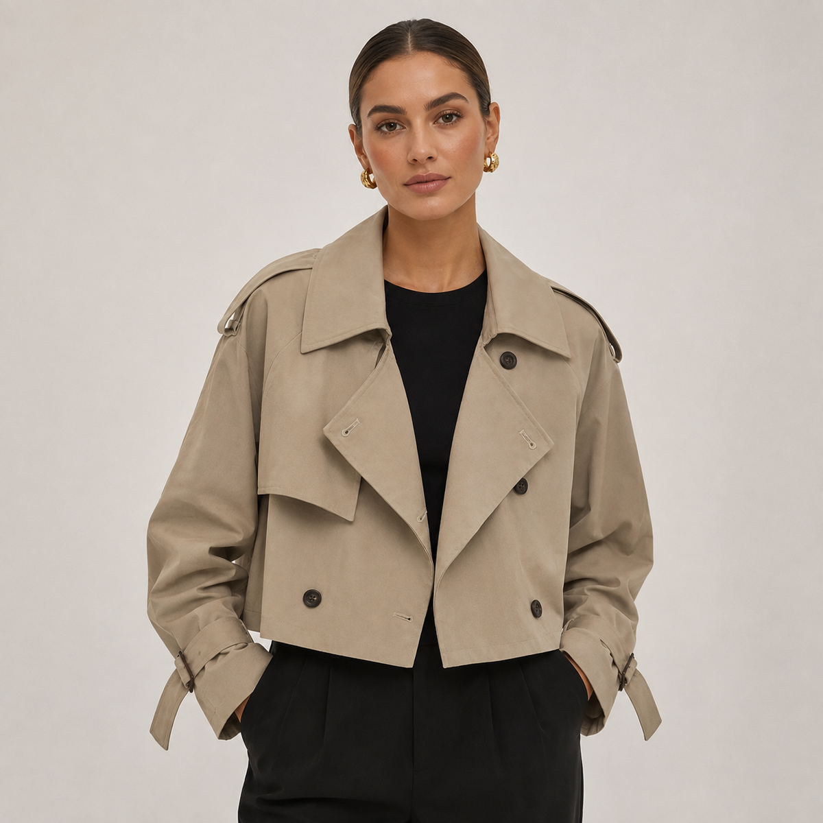Cropped Oversized Notch Lapel Trench Coat Women