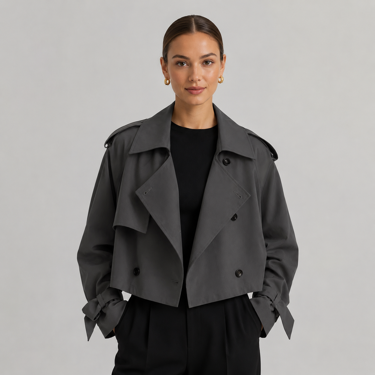 Cropped Oversized Notch Lapel Trench Coat Women