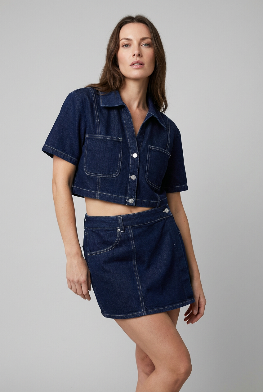 Denim Style Cropped Shirt Mini Skirt Co-Ord Set