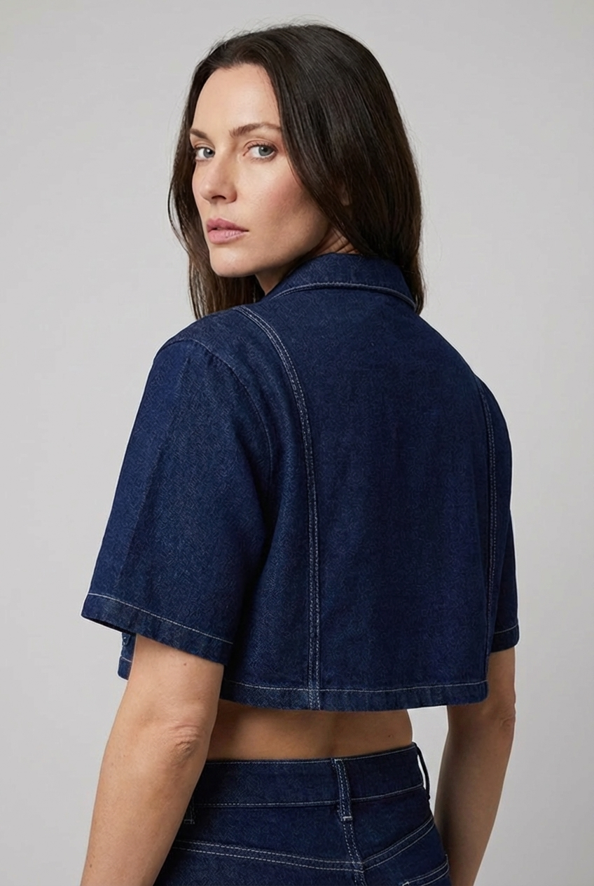 Denim Style Cropped Shirt Mini Skirt Co-Ord Set