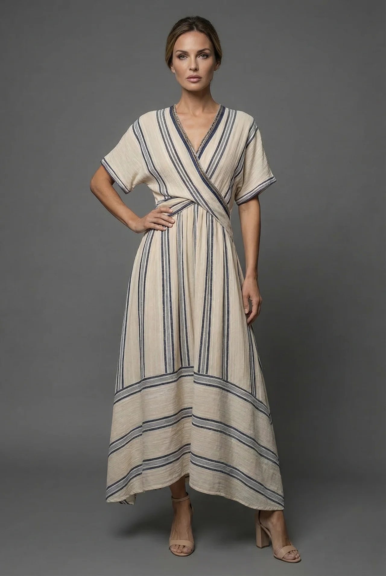 Striped Wrap Flowy Linen Style Summer Maxi Dress