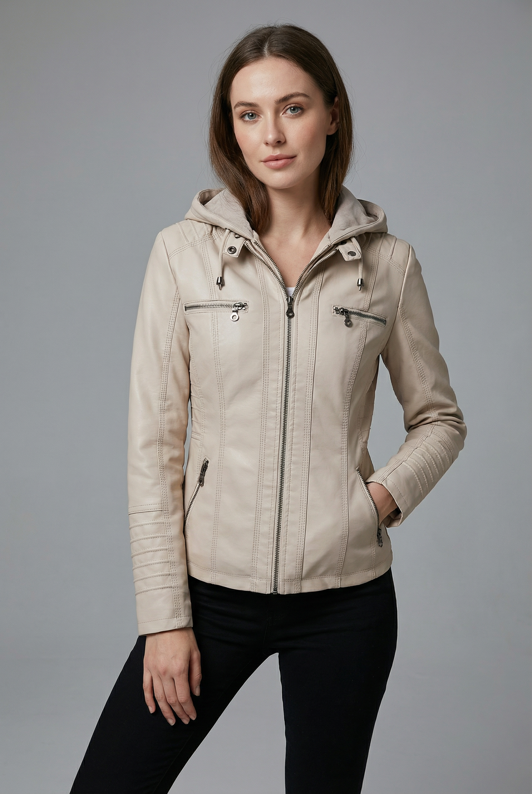 Women’s Leather Style Detachable Hood Zip Jacket Casual Wear
