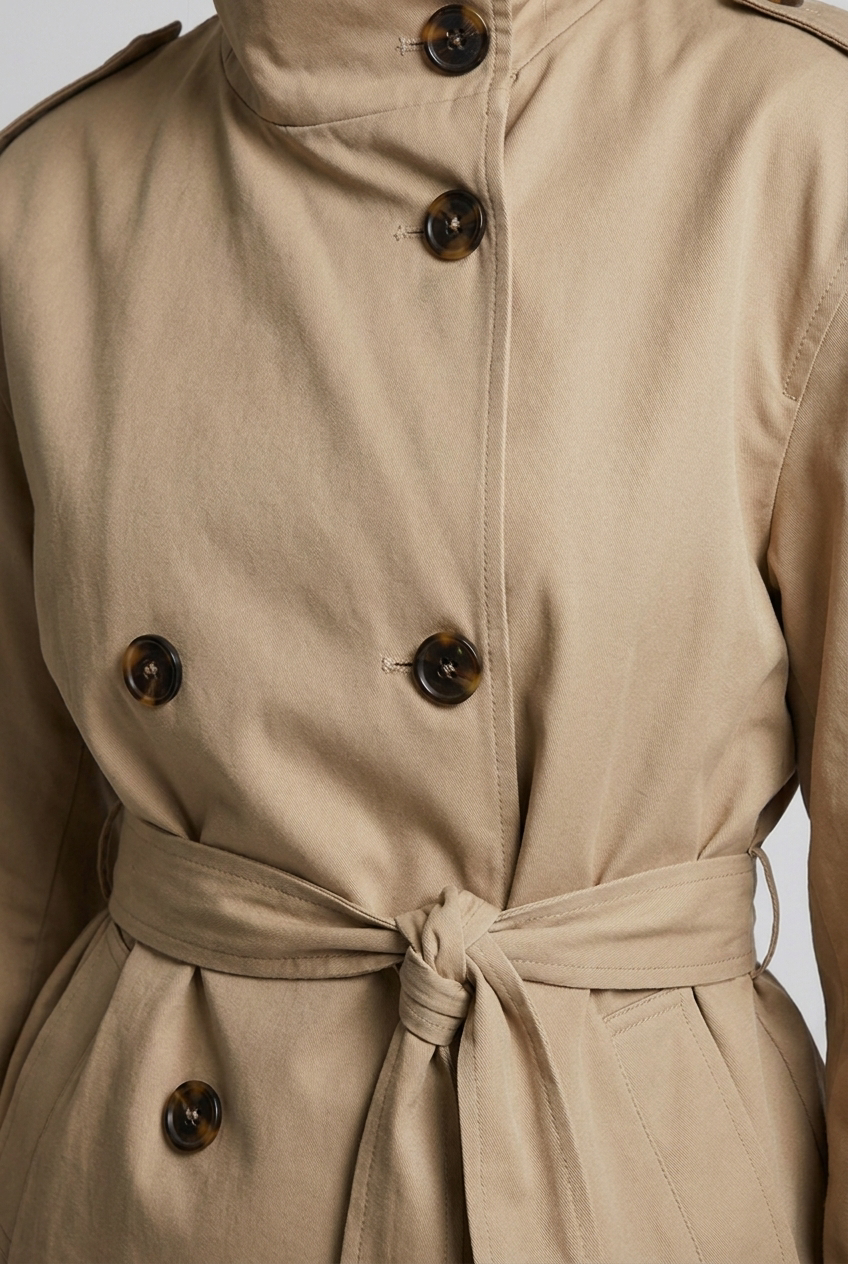 Beige Double-Breasted Turtle Neck Trench Coat Women