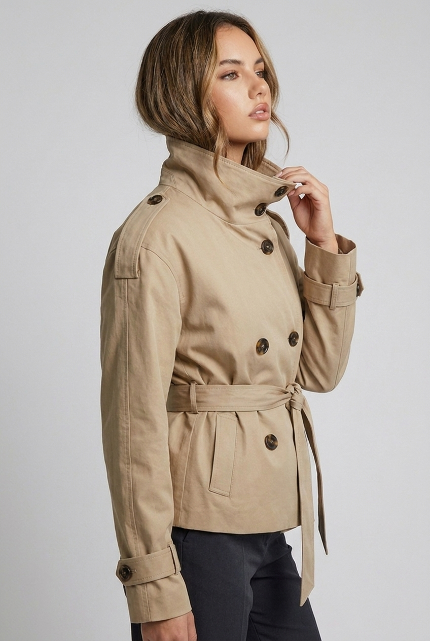 Beige Double-Breasted Turtle Neck Trench Coat Women