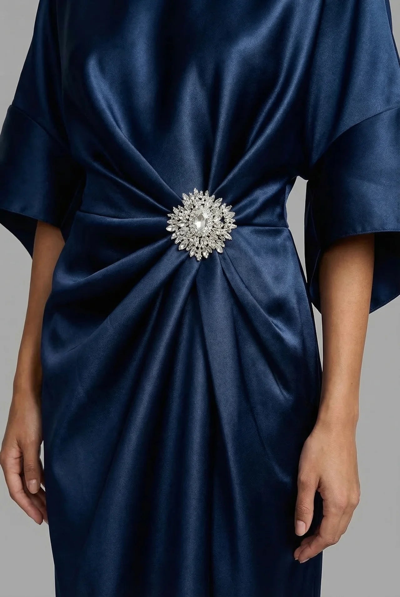 Wedding Guest Satin Style Batwing Jewel Midi Dress