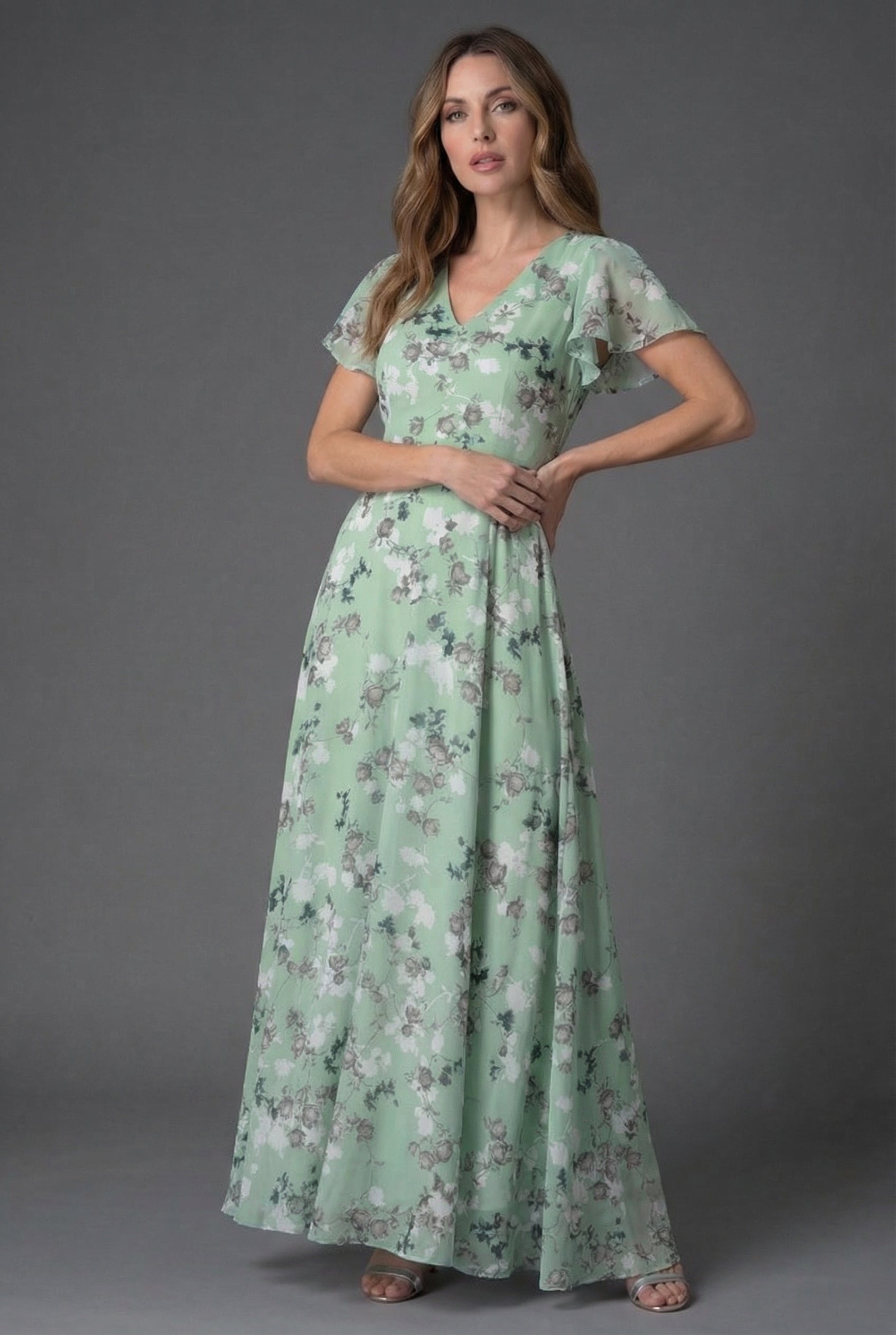 Flutter Sleeve Floral Maxi Wedding Guest Dress