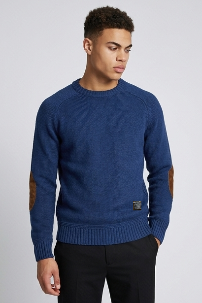 Elbow Patch Crew Neck Wool Sweater Men