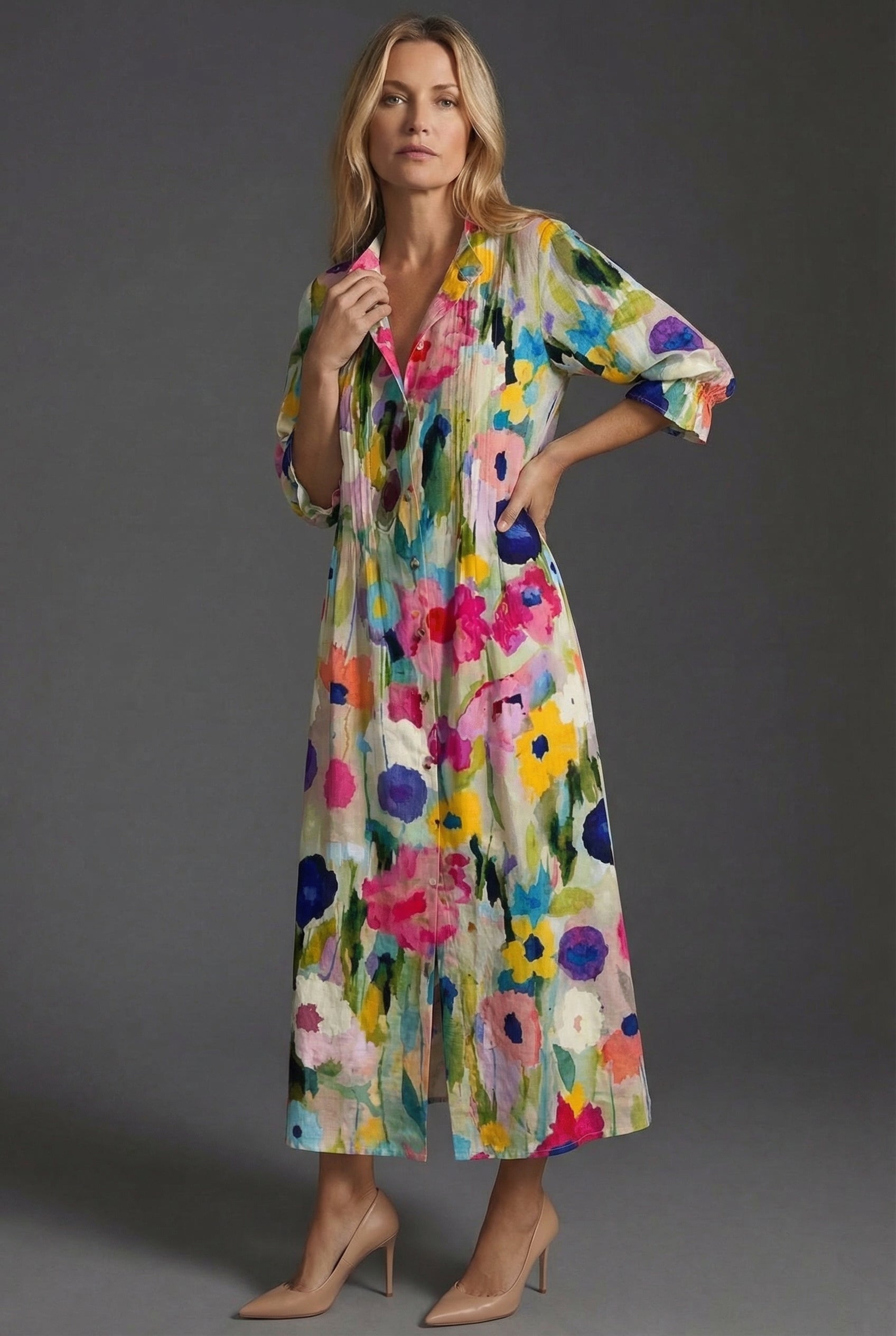 Botanical Pintuck Bodice Button Front Maxi Dress