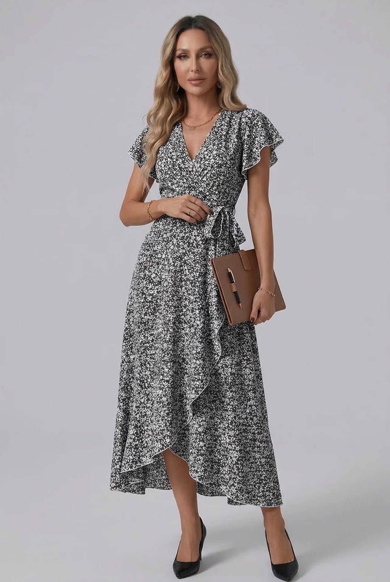 Small Floral Print Wrap V Neck Ruffle Sleeve Maxi Dress