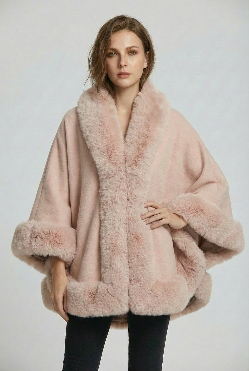 Women's Faux Fur Cape Coat with Wide Sleeves