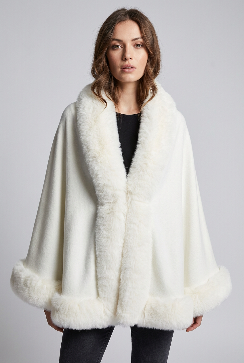 Women's Faux Fur Cape Coat with Wide Sleeves