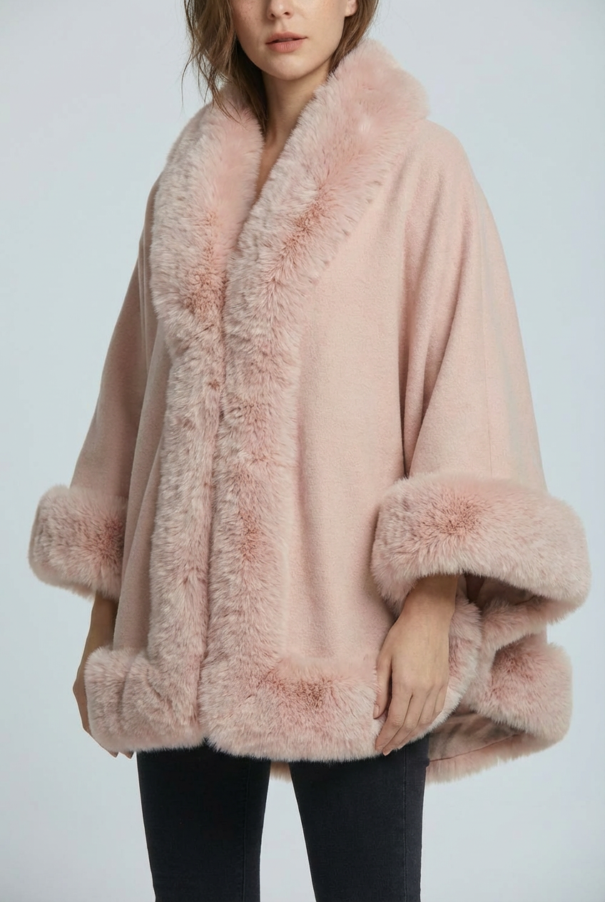 Women's Faux Fur Cape Coat with Wide Sleeves