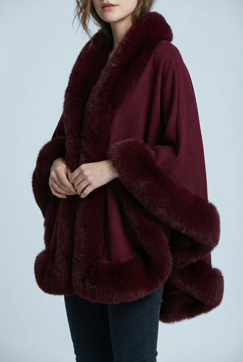 Women's Faux Fur Cape Coat with Wide Sleeves