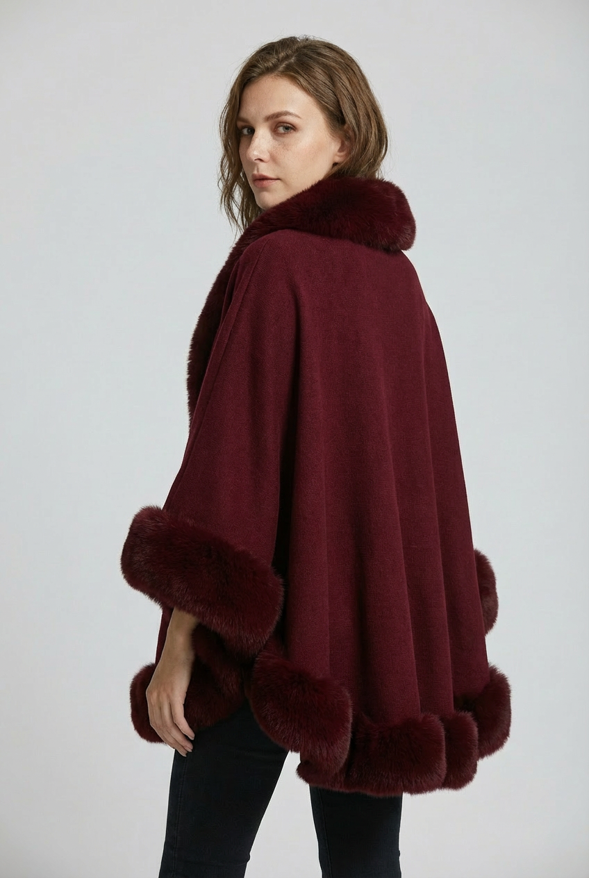 Women's Faux Fur Cape Coat with Wide Sleeves