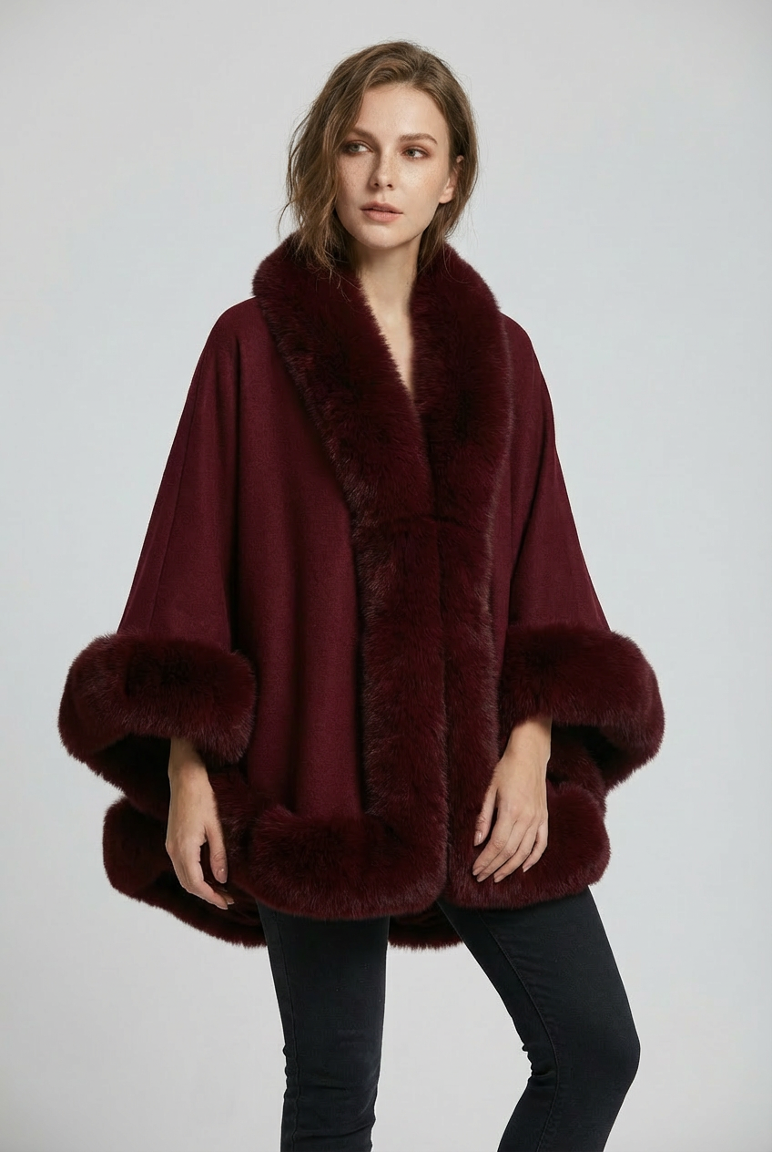 Women's Faux Fur Cape Coat with Wide Sleeves