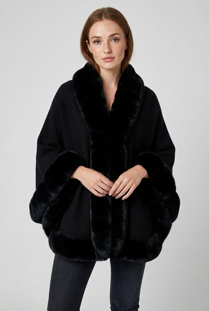Women's Faux Fur Cape Coat with Wide Sleeves