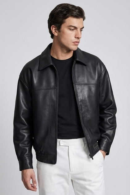 Faux Leather Style Zip Jacket Straight Collar Men