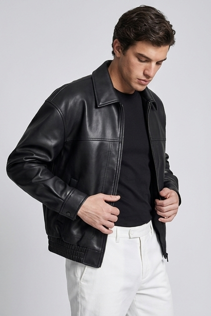 Faux Leather Style Zip Jacket Straight Collar Men
