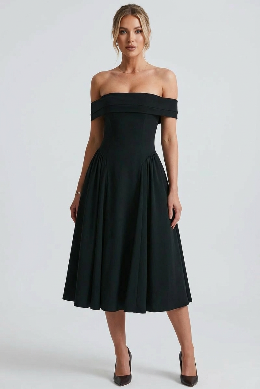 Women's Sophisticated Off Shoulder Pleated Flare Mid Length Dress