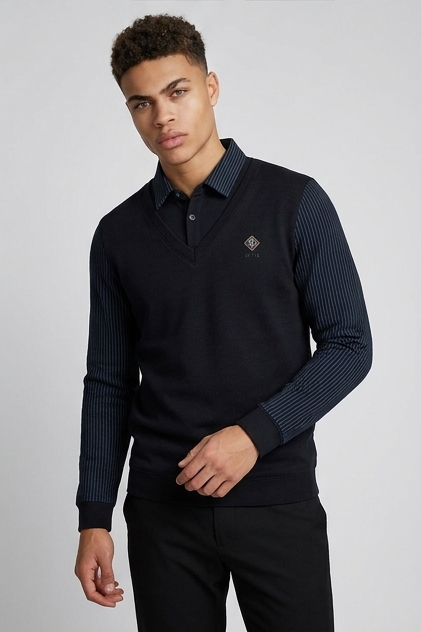 Contrast Sleeve V-Neck Knit Jumper Men