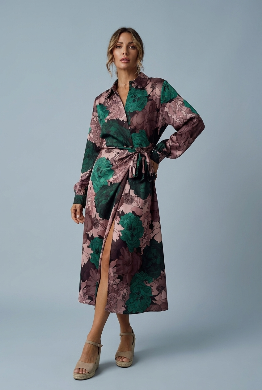 Floral Long Sleeve Tie Waist Shirt Maxi Dress