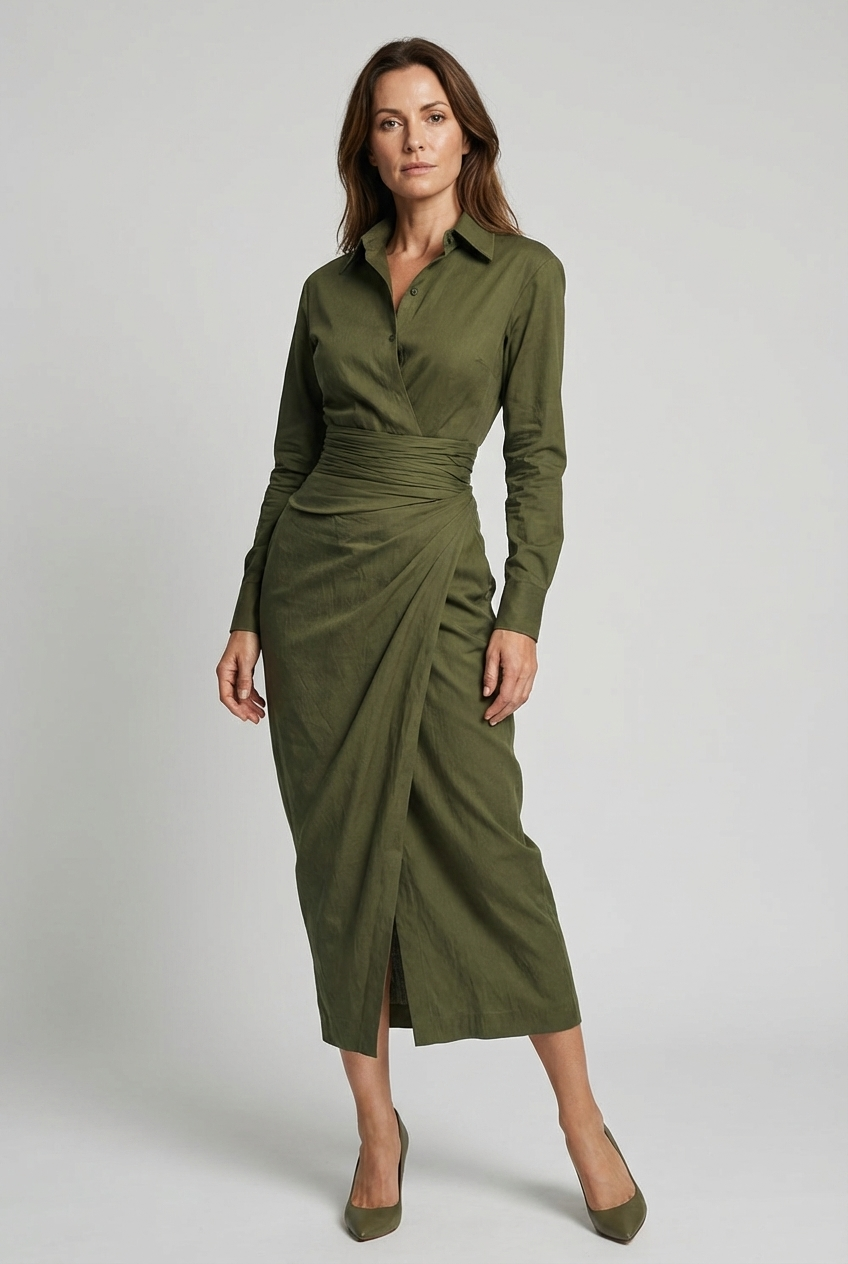 Shirt Collar Ruched Wrap Midi Dress Women