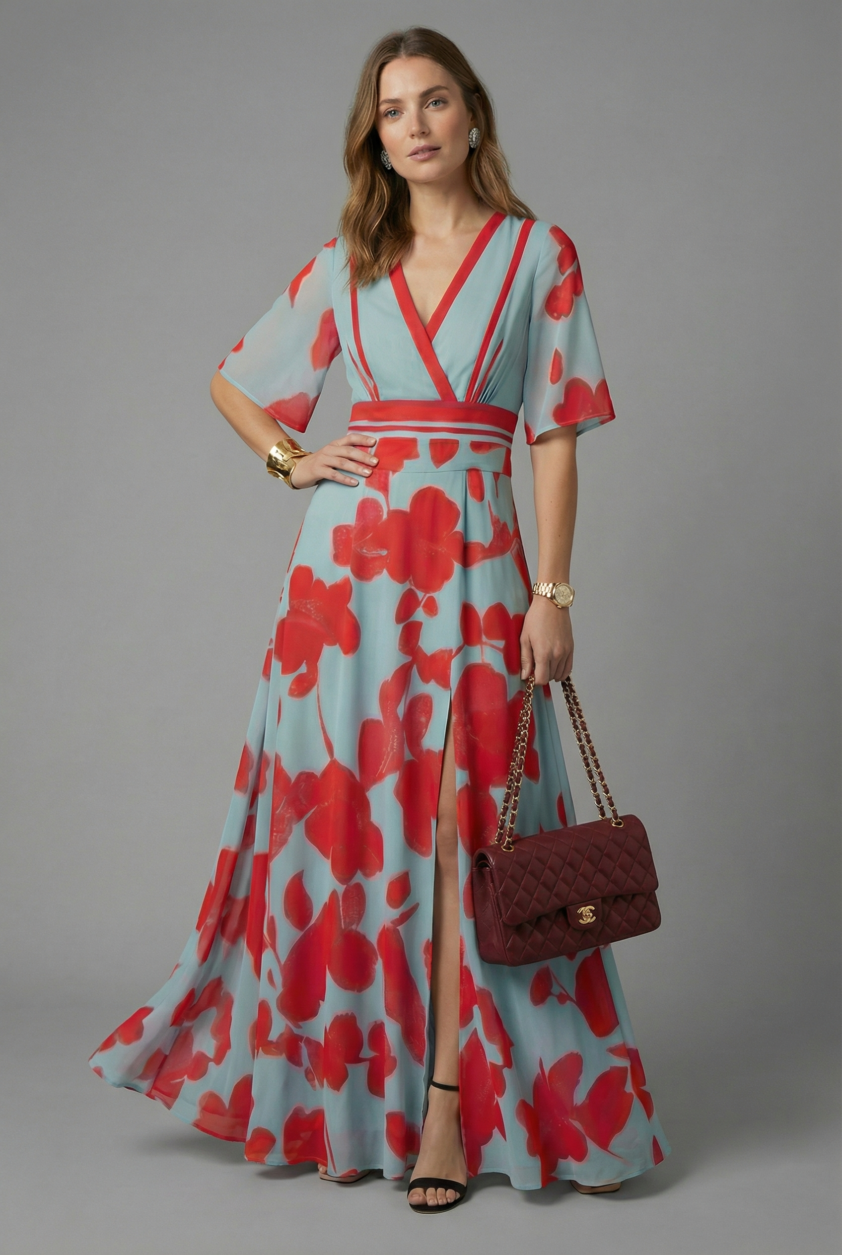 Women's Elegant V-Neck Flowing Full-Length Floral Maxi Dress